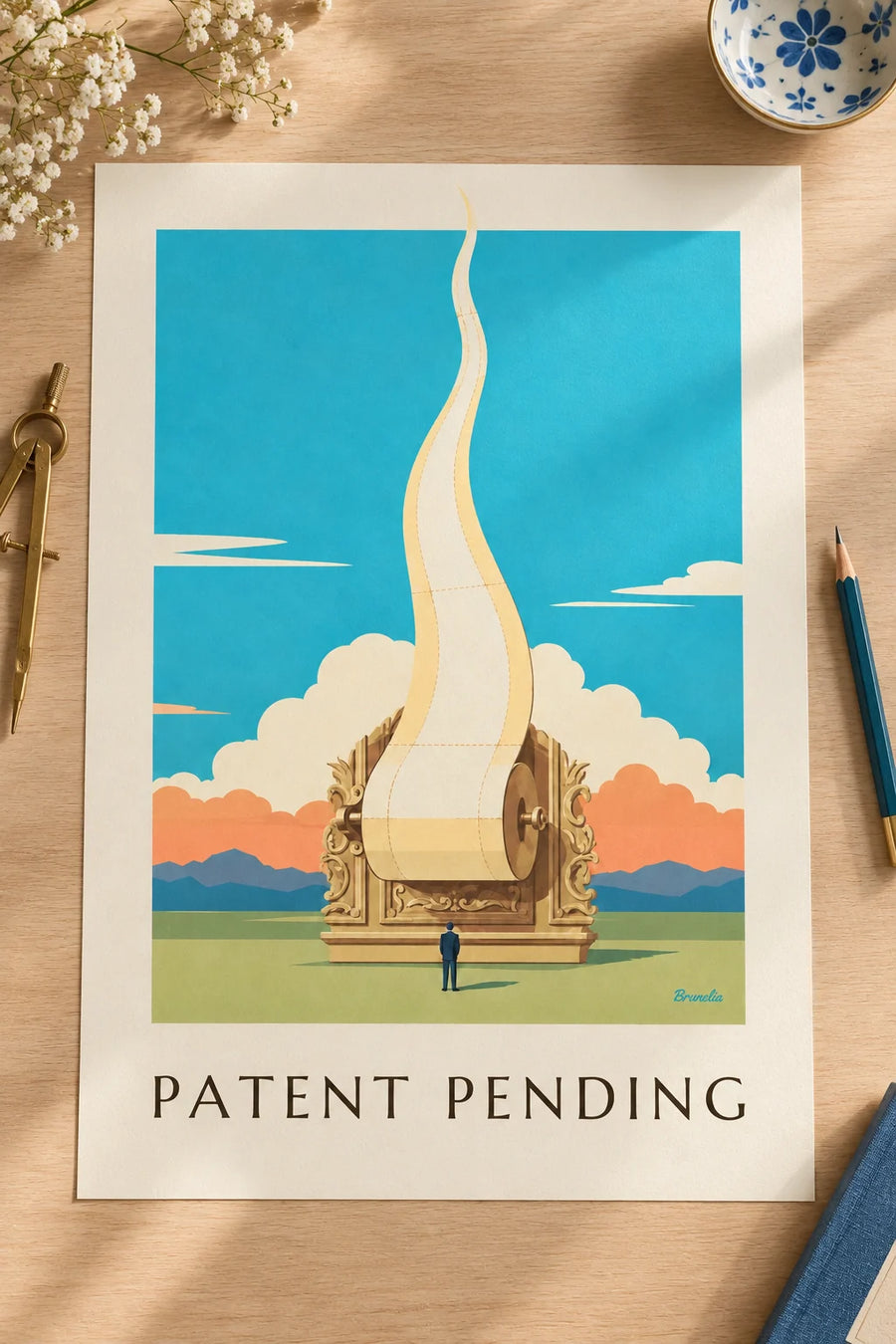 Poster of a toilet paper roll patent, technical drawing: resting on a table
