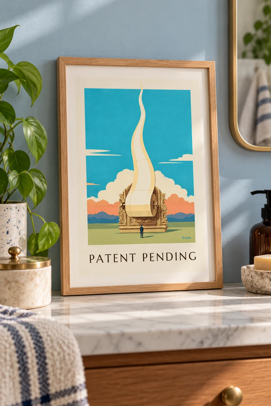 Poster of a toilet paper roll patent, technical drawing: small framed A4 size