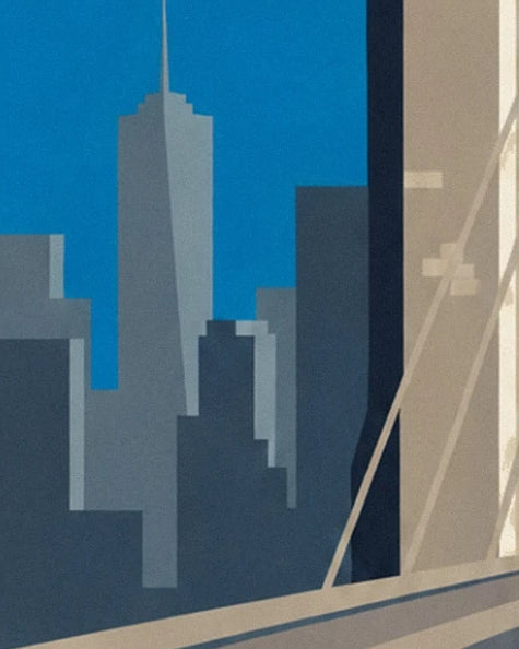 Les silhouettes grises des gratte-ciel entre la pierre et les câbles du pont de Brooklyn
