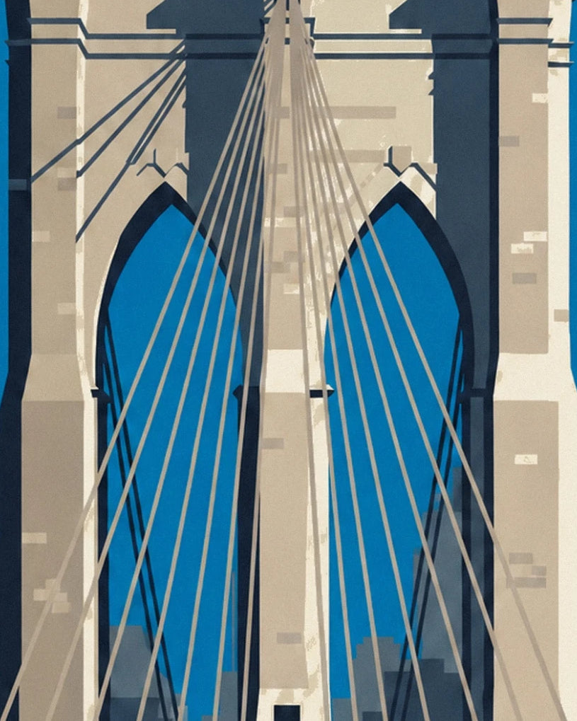 Les arches en pierre du pont de Brooklyn et leurs câbles sur fond de ciel bleu