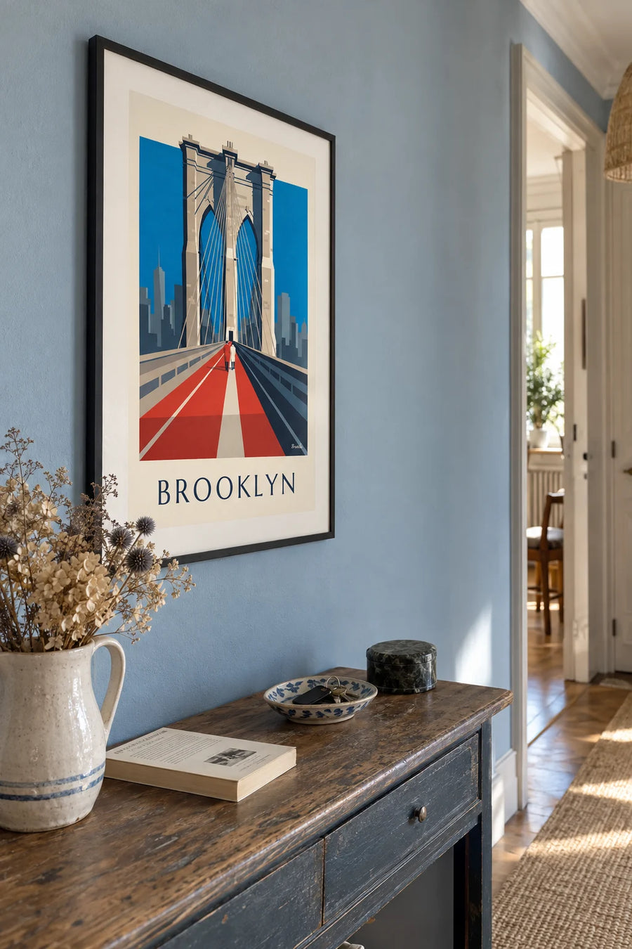 Affiche pont de Brooklyn en perspective depuis sa passerelle : encadrée au mur