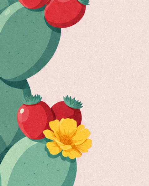 A yellow flower and 2 glossy red fruits on a green cactus pad