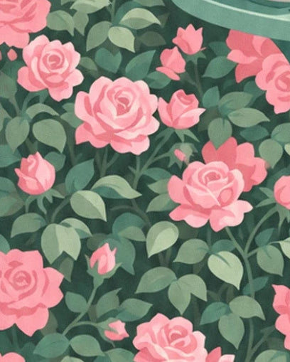 Les roses épanouies et les boutons roses parmi le feuillage dense sous la table