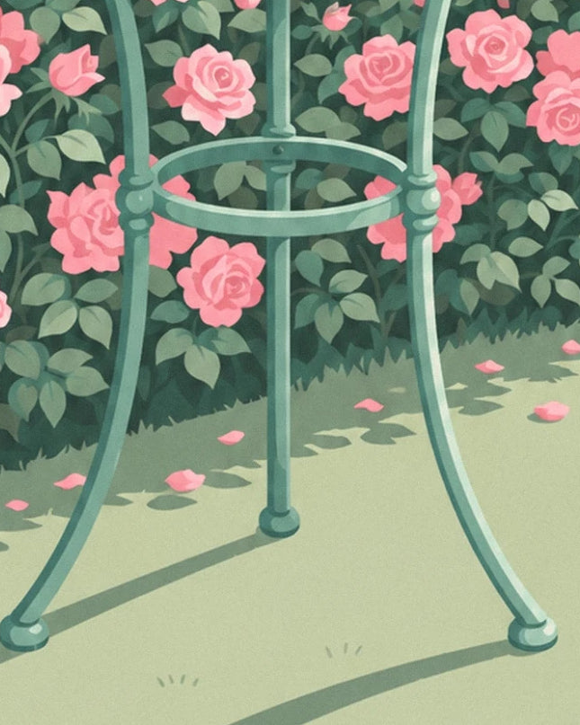 Les pieds galbés de la table verte sur la pelouse parsemée de pétales roses