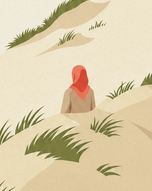A woman with a red scarf seen from behind, sitting among the dunes and marram grass