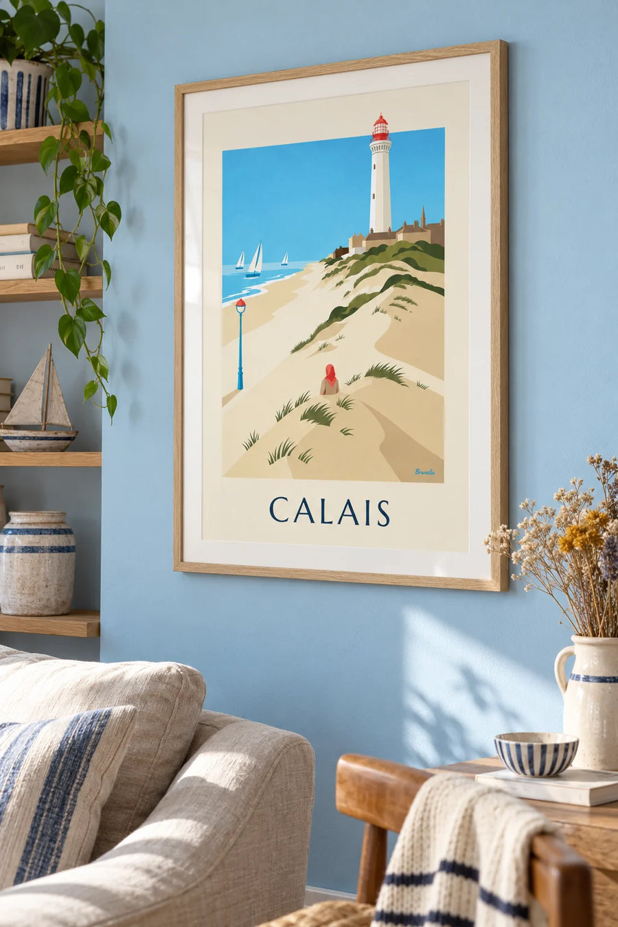 Poster of the dunes, sailboats and lighthouse on Calais beach: framed on the wall