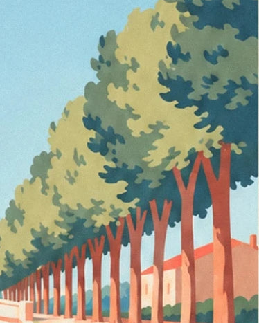 The row of plane trees in front of pale façades with orange roofs