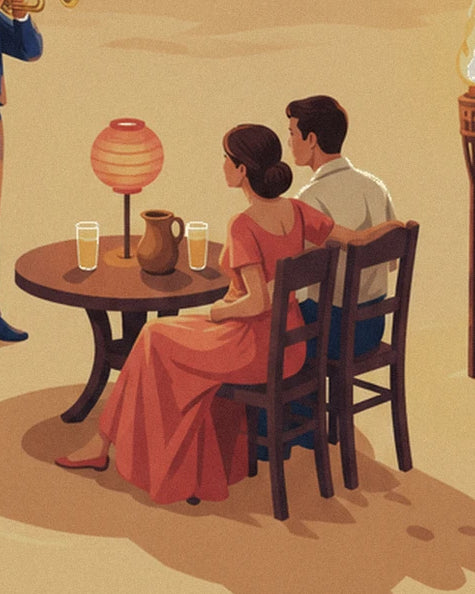 The couple facing the sea at a table with an orange lantern, a jug and 2 glasses