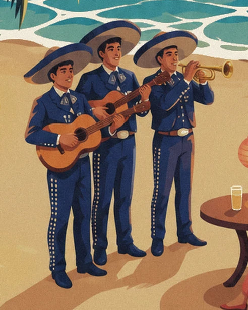 The 3 mariachis in blue suits and sombreros with 2 guitars and a trumpet on the beach