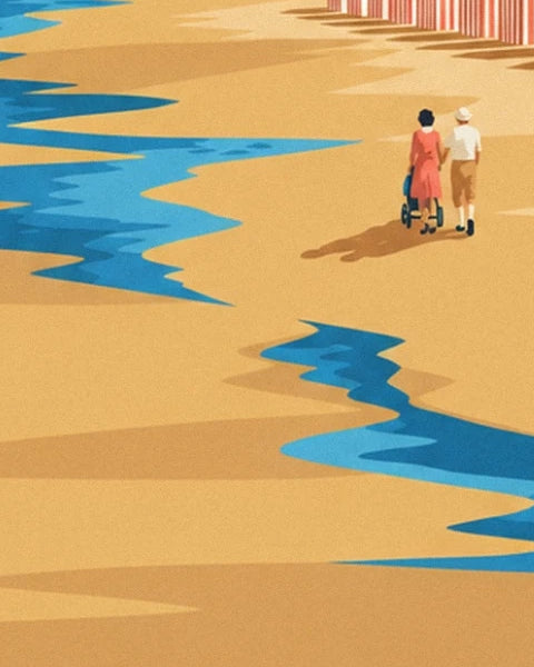 Un couple et sa poussette sur la plage de Carnac, entre flaques bleues et cabines