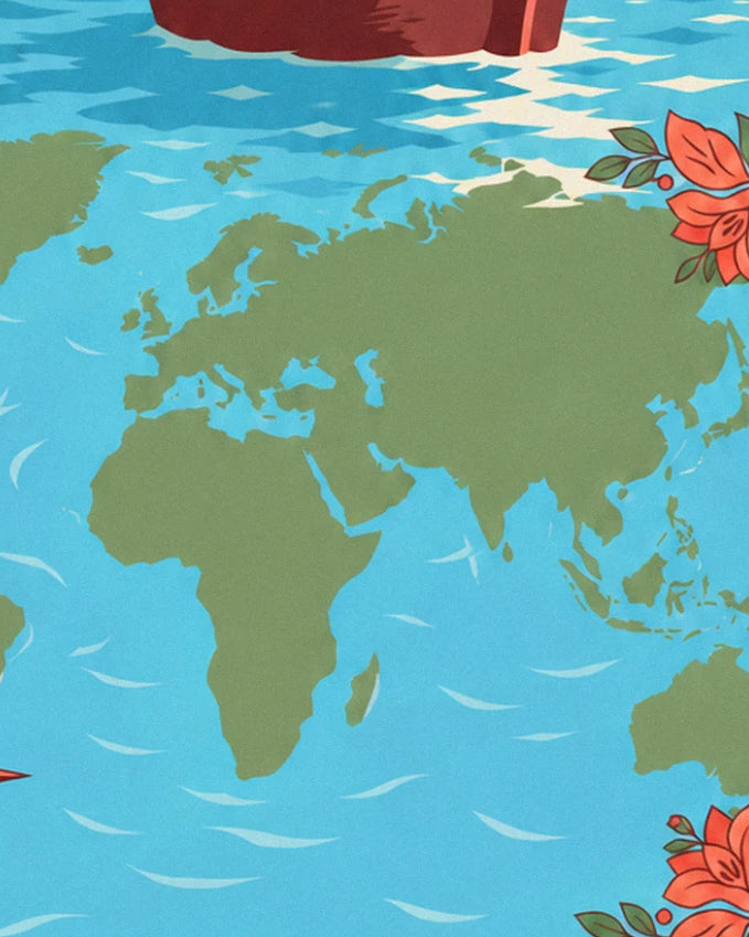 L'Europe, l'Afrique et l'Asie en vert olive sur l'océan bleu, avec des fleurs corail