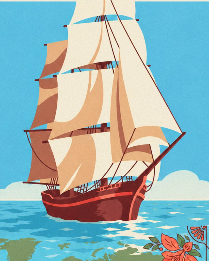 Le grand voilier aux voiles crème et ocre, coque brun rouge sur une mer bleue