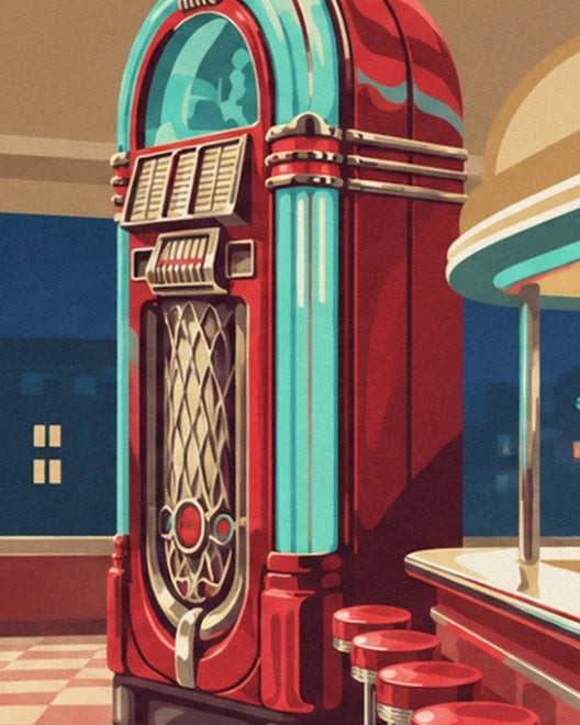 Le juke-box rouge aux colonnes lumineuses turquoise et à la grille argentée