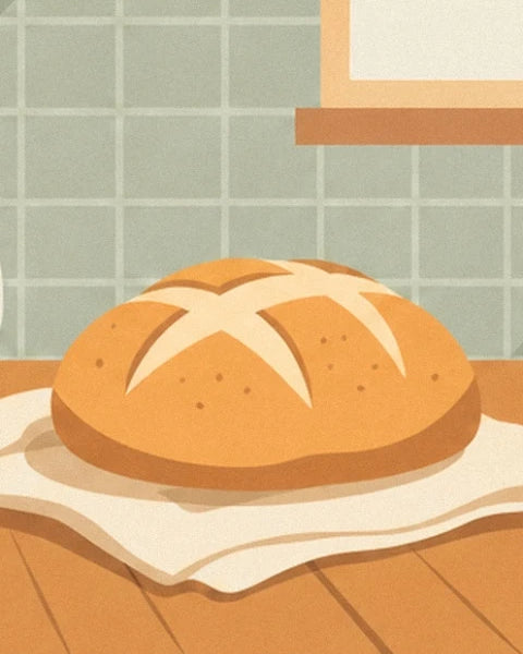 A golden loaf with a star-patterned crust on a cream cloth
