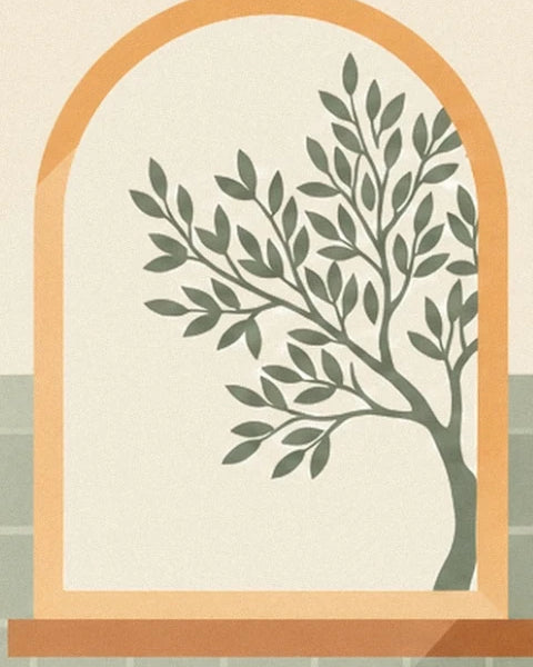 Branches with green leaves in front of an arched window edged in ochre