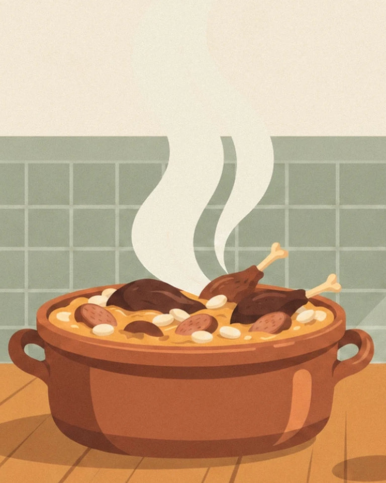 Steaming cassoulet in its brown earthenware dish, filled with white beans and meats