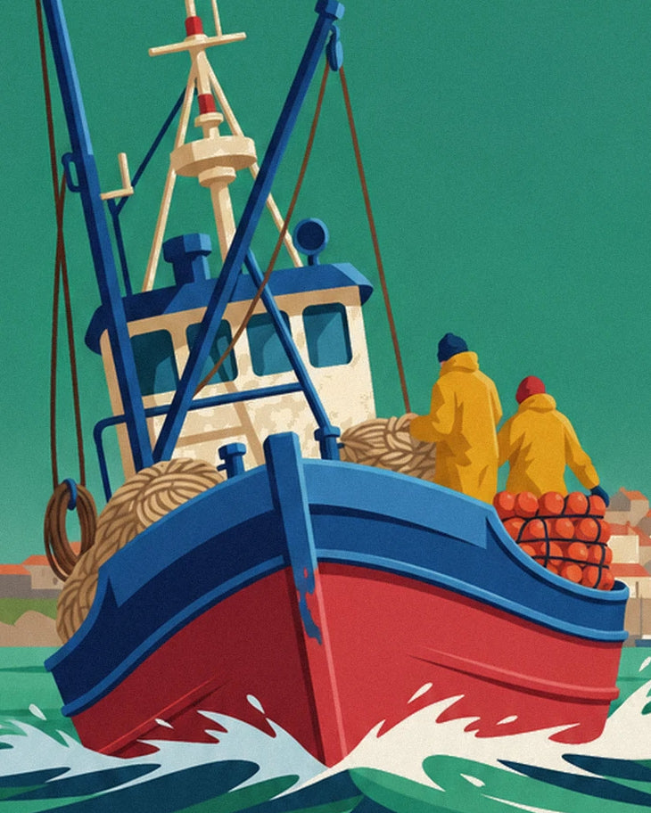 The blue and red trawler with its ropes and 2 sailors in yellow oilskins