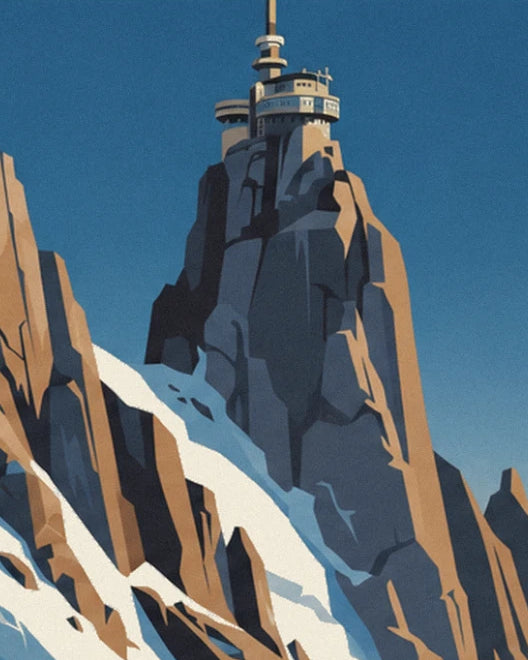 Le sommet rocheux et son poste d'observation, sous un ciel bleu