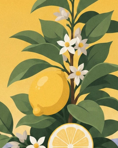 Un citron jaune, une rondelle et des fleurs blanches parmi les feuilles vertes