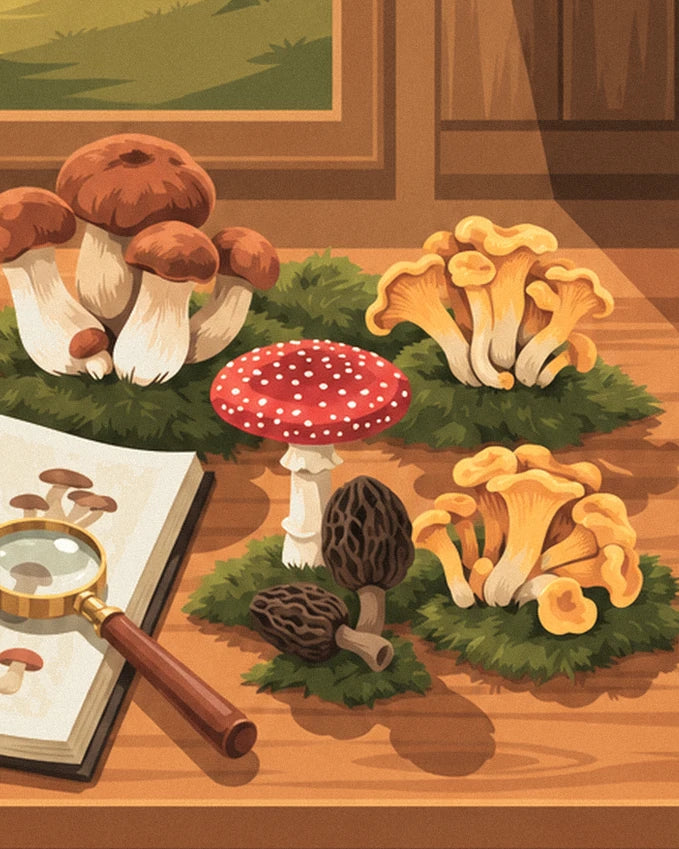 Cèpes, girolles, amanite rouge et morilles sur la mousse, près du carnet et de la loupe