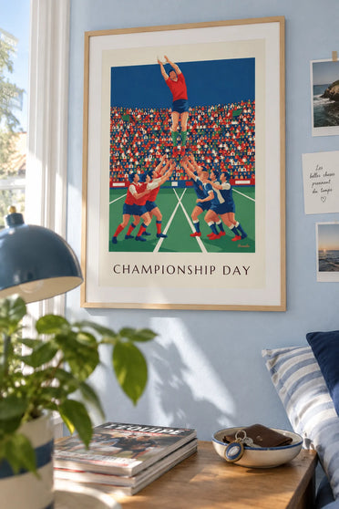 Poster of a rugby player jumping in a lineout in a stadium: framed on the wall