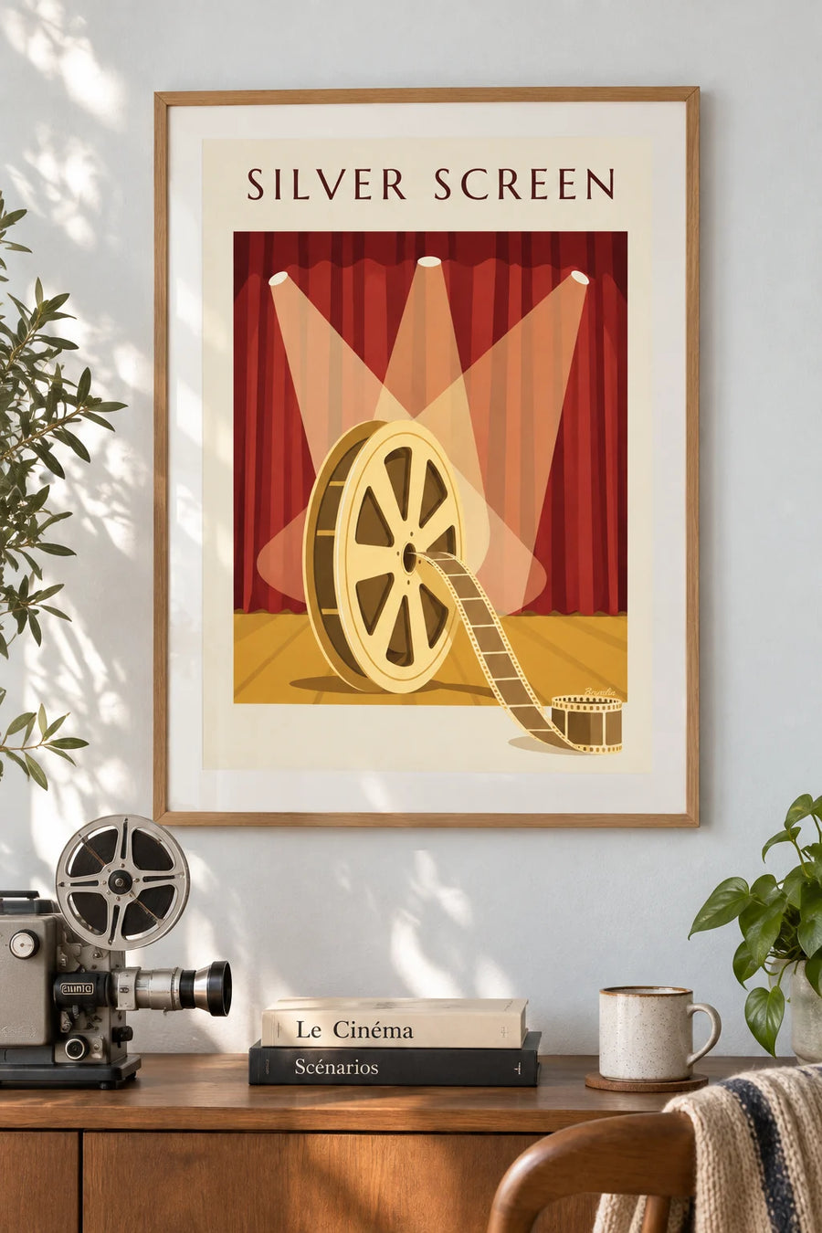 Golden film reel in front of a red velvet curtain poster: framed on the wall