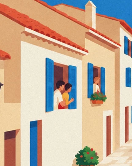 Villagers at windows with blue shutters, above the village's red flowers