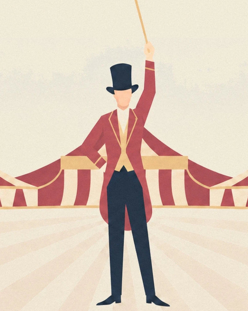 The ringmaster in a red tailcoat and black top hat, with one arm raised in the ring