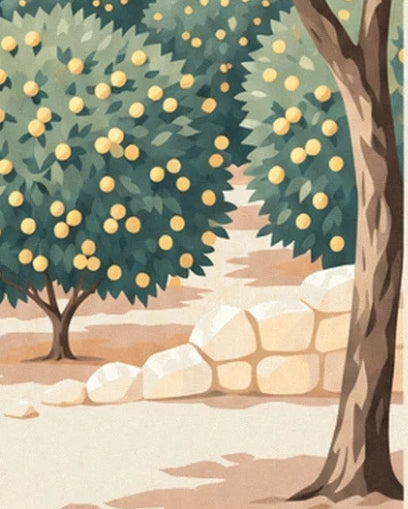Lemon trees laden with yellow fruit, a low wall of pale stone and a large tree trunk on the right