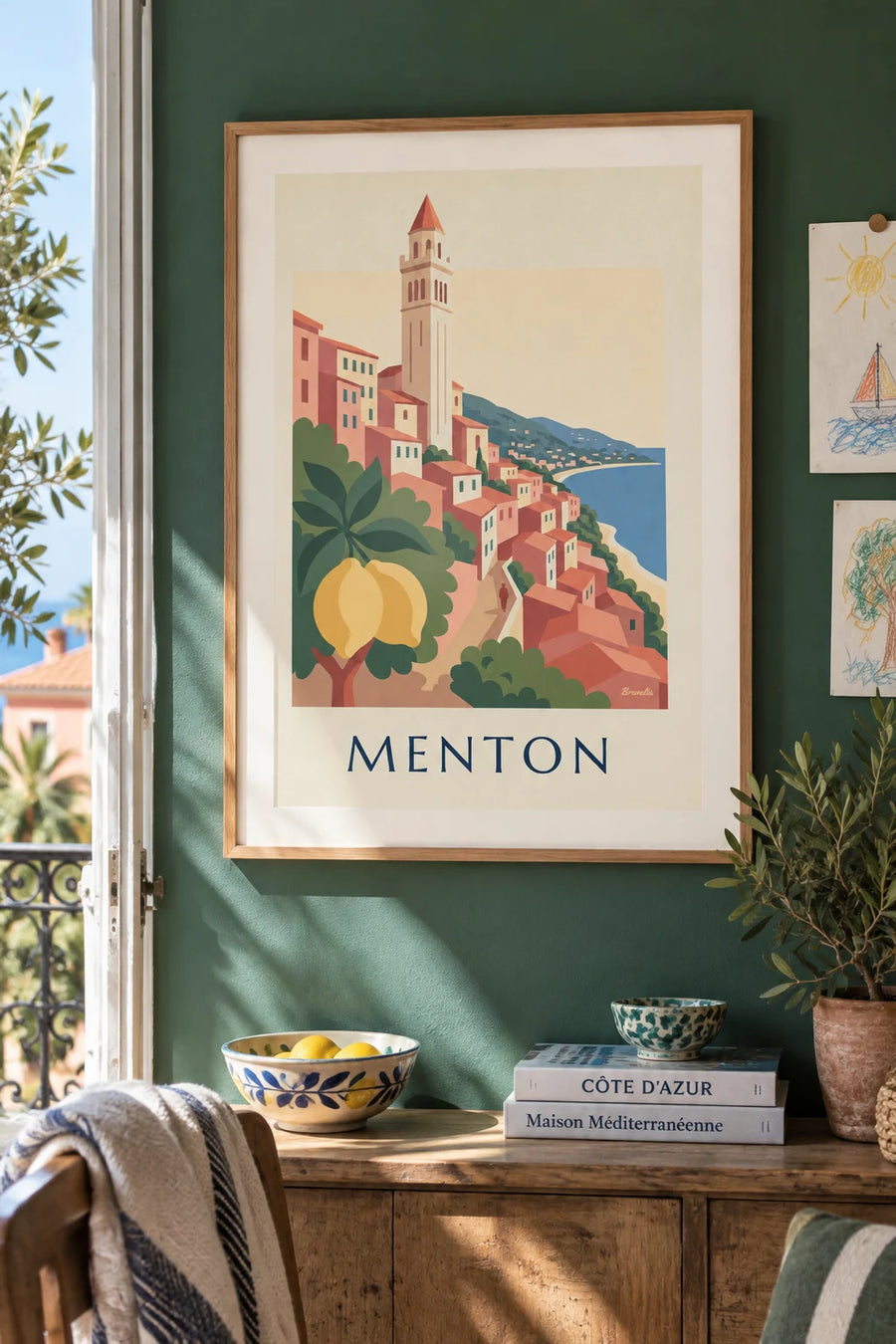 Affiche citron de Menton et vieille ville sur la Côte d'Azur : encadrée au mur