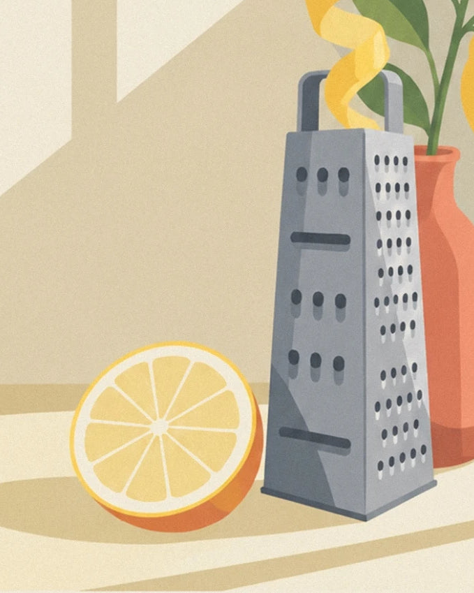 The lemon half and grey grater beside an orange vase