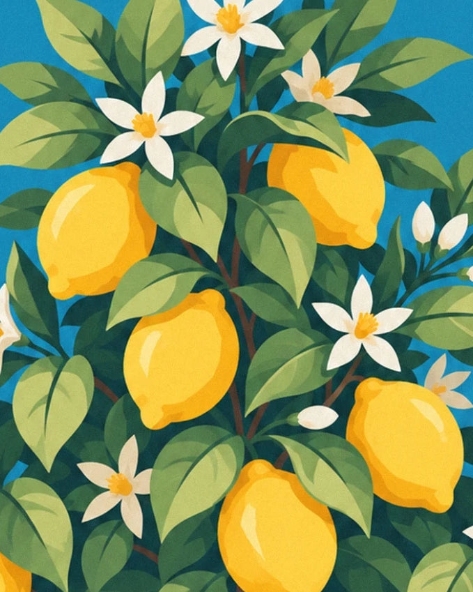 Les citrons mûrs entre les feuilles vertes et les fleurs blanches, sur fond de ciel bleu
