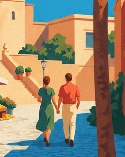 A couple seen from behind, hand in hand, walking up towards the ochre steps beneath a street lamp