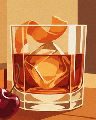 The crystal glass filled with an amber cocktail and ice cubes, with zest and a cherry alongside