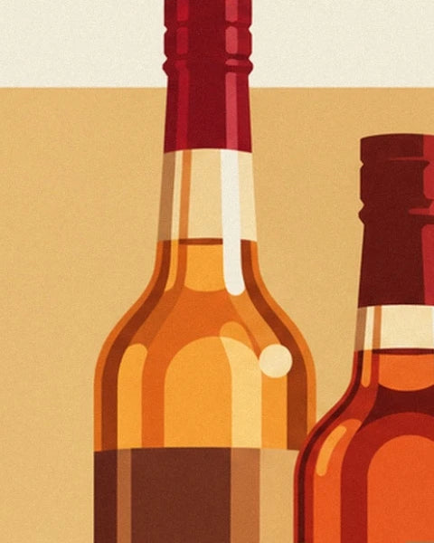 The 2 bottles with long red necks, filled with amber-coloured spirits