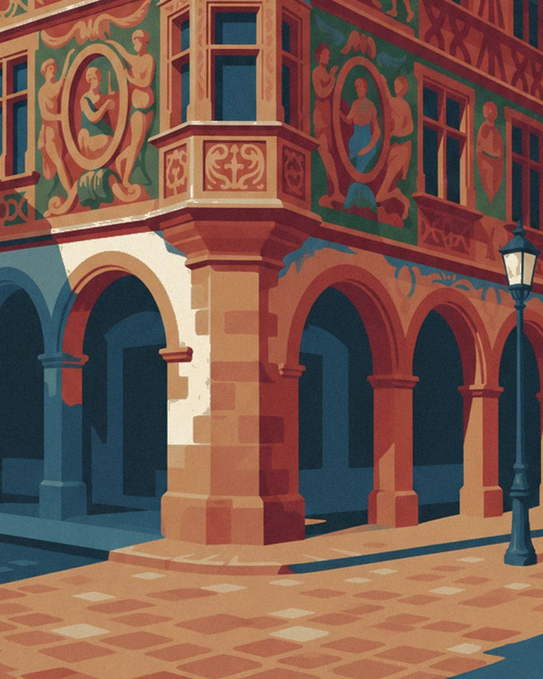 Affiche Maison Pfister et sa galerie de bois sculpté à Colmar : détail en gros plan