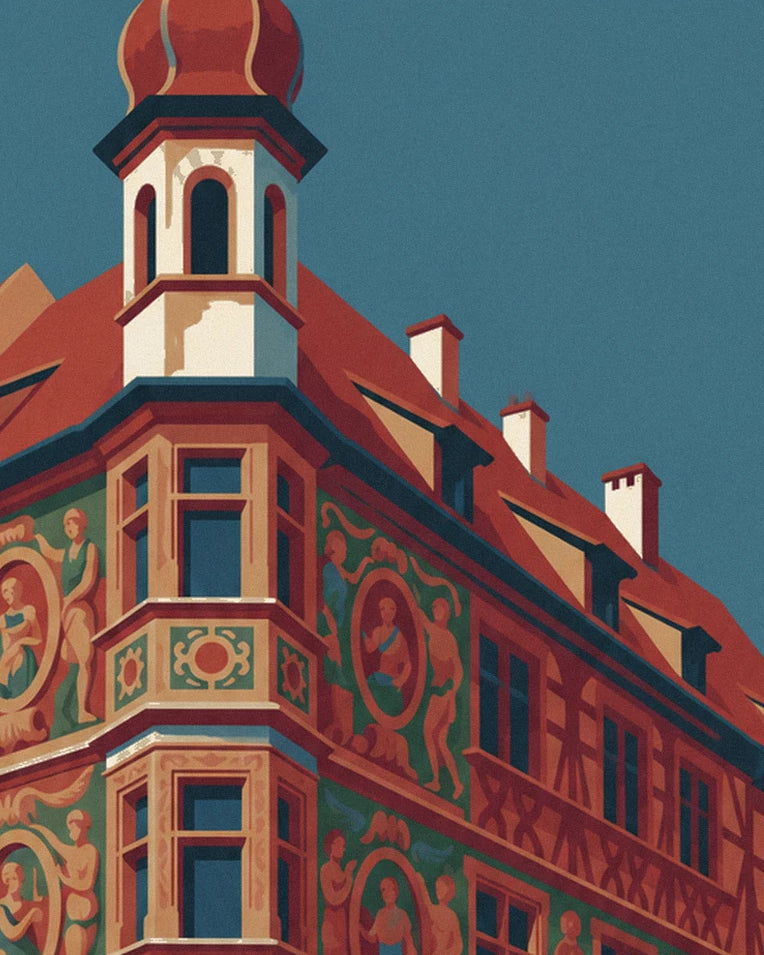 Affiche Maison Pfister et sa galerie de bois sculpté à Colmar : détail en gros plan