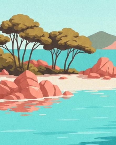 The pine trees of Palombaggia among pink rocks, pale sand and turquoise sea