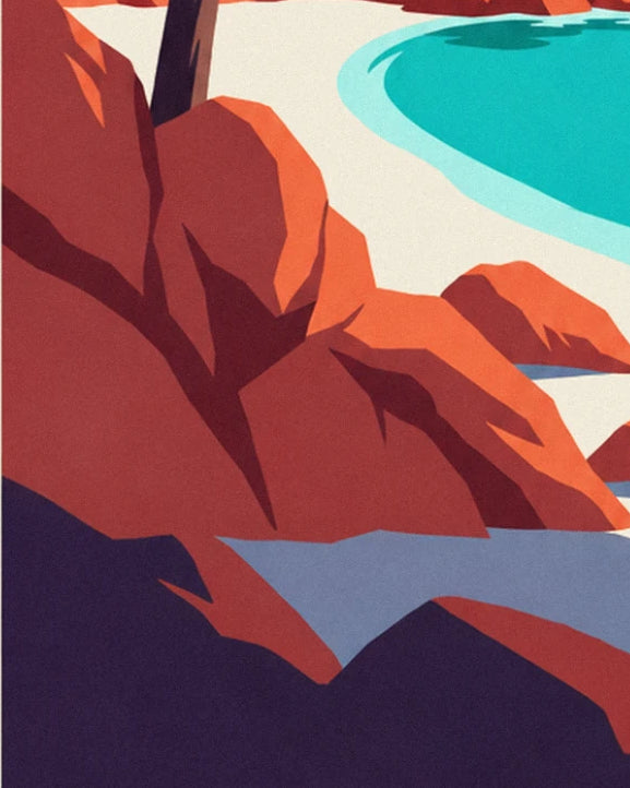 Large red granite boulders with burgundy shadows, beside a cove with clear water