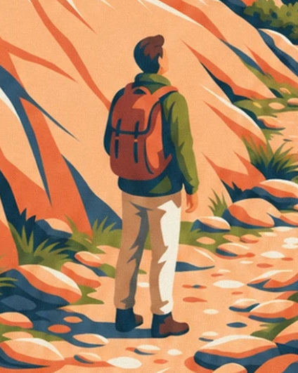 The hiker seen from behind, with an orange rucksack and green jacket, on the stony path