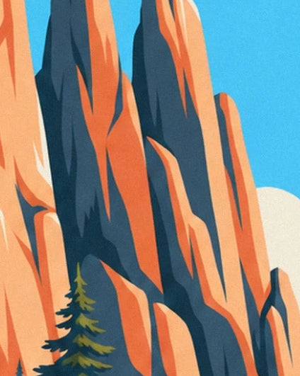 The steep orange and dark blue rock faces of Bavella, with a pine tree at their foot