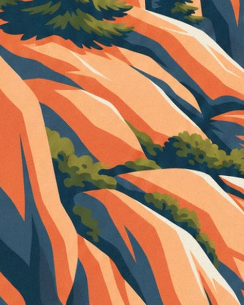 The orange rock slabs streaked with shadows, between pine trees and green bushes
