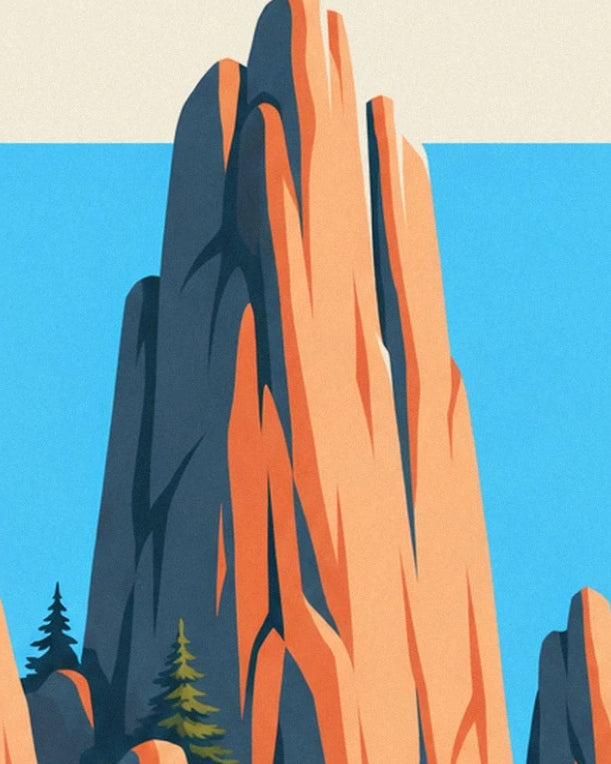 An orange rock spire with dark blue shadows, framed by pine trees