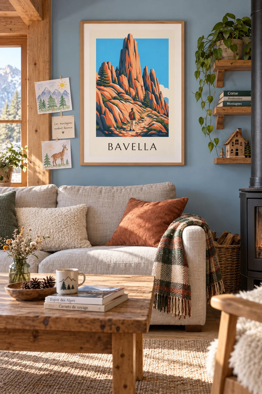 Poster of a hiker facing the Bavella Needles in Corsica: framed on the wall
