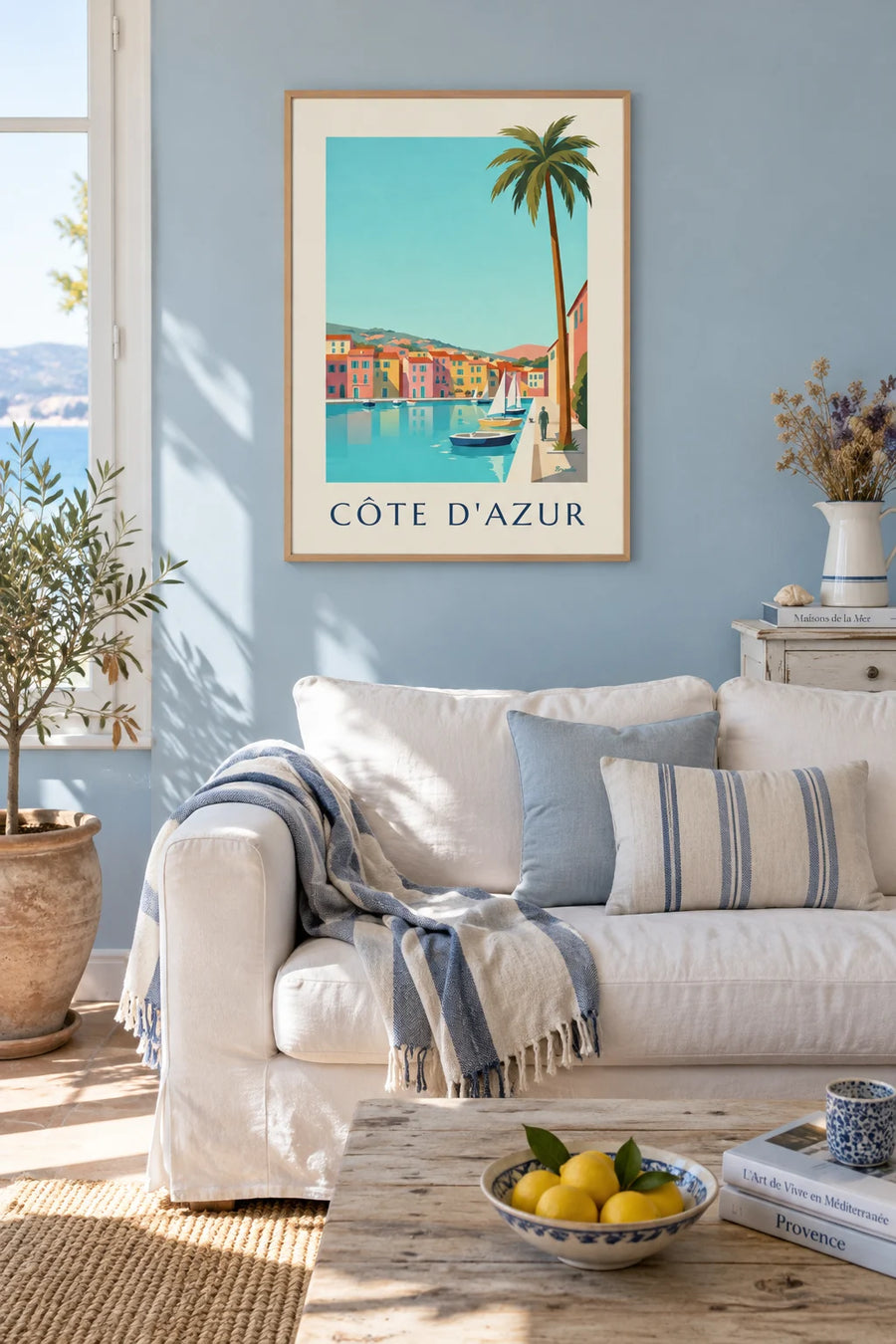 Poster of a small French Riviera harbor, houses and sailboats: framed on the wall