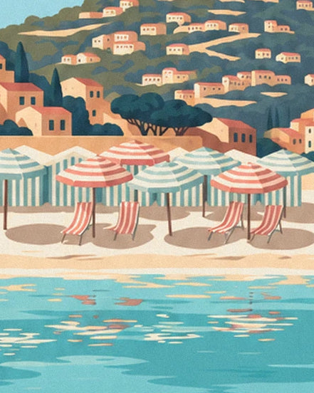 Striped parasols and red sun loungers facing the sea below the villas