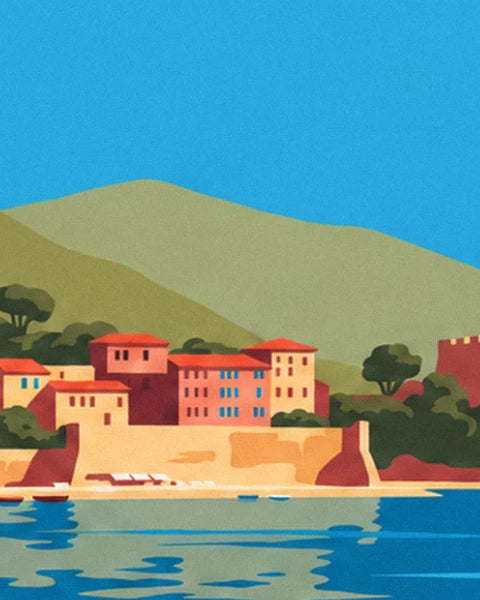 Ochre and pink houses with orange roofs at the foot of the green hill, facing the blue water