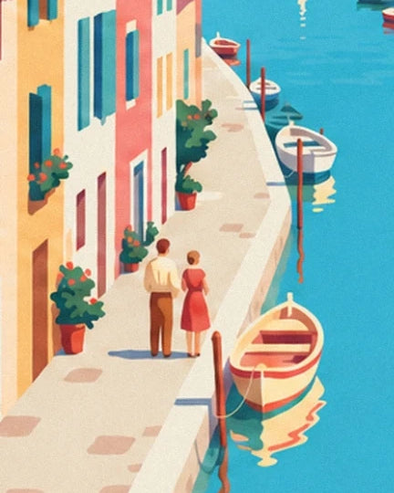 A couple on the flower-lined quay, near the rowing boats moored in the turquoise water