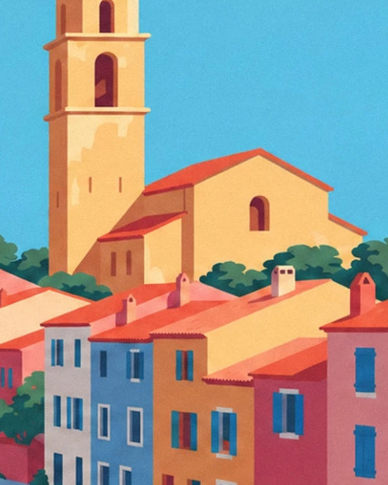 The ochre bell tower behind the houses with red roofs and blue shutters
