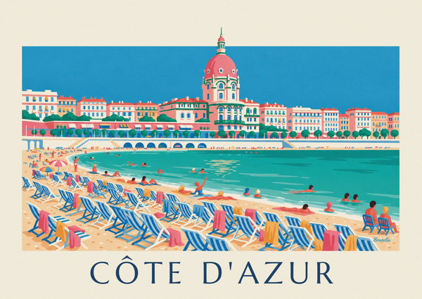 Affiche baigneurs et transats sous la Promenade des Anglais à Nice